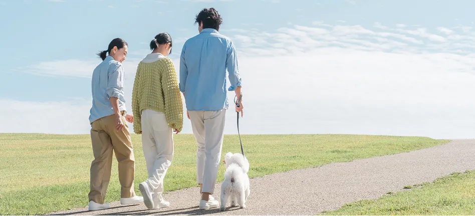 芝生の道を散歩する家族と白い犬
